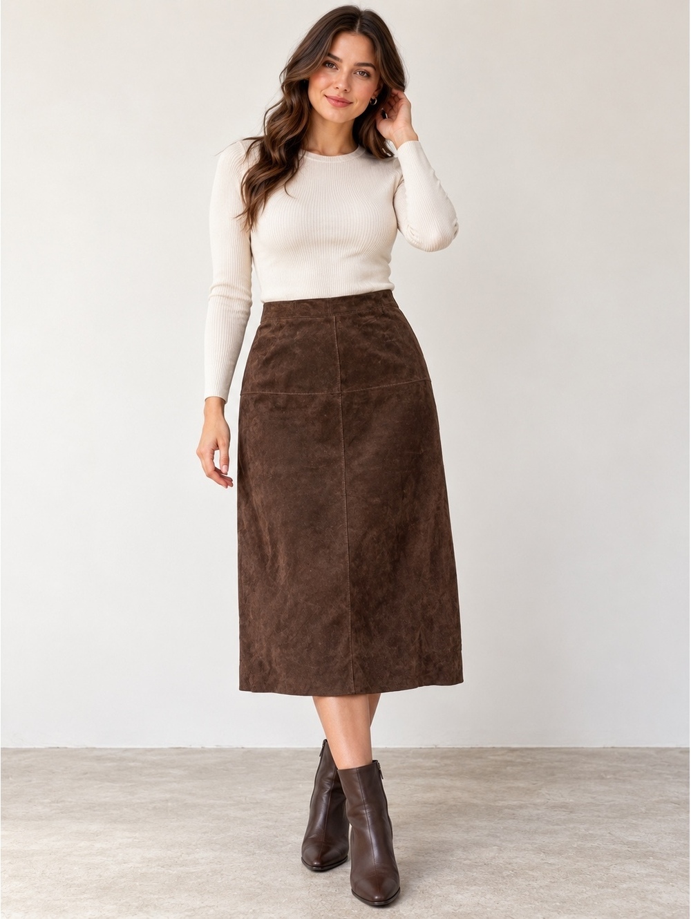 C&E Women’s Size L Brown Genuine Suede Leather Midi Skirt Vintage